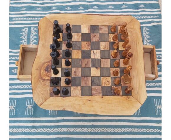 Table d'échecs rustique en bois d'olivier jeu d'échecs 17,7 "avec 32 pièces  d'échecs artisanales | Selency