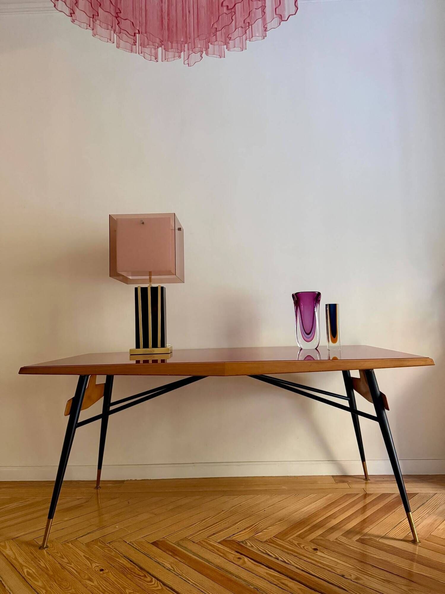 Original table by Ico Parisi with a structure of wood, metal, and stained glass.