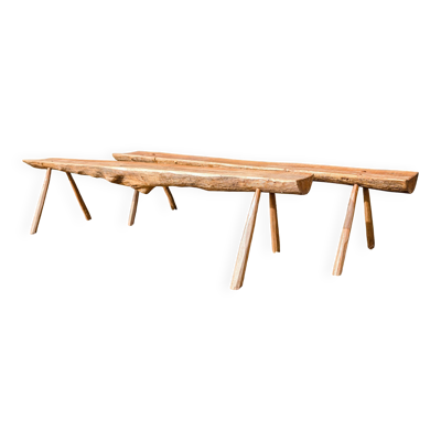 Paire de bancs brutalistes en bois – esprit design années 70