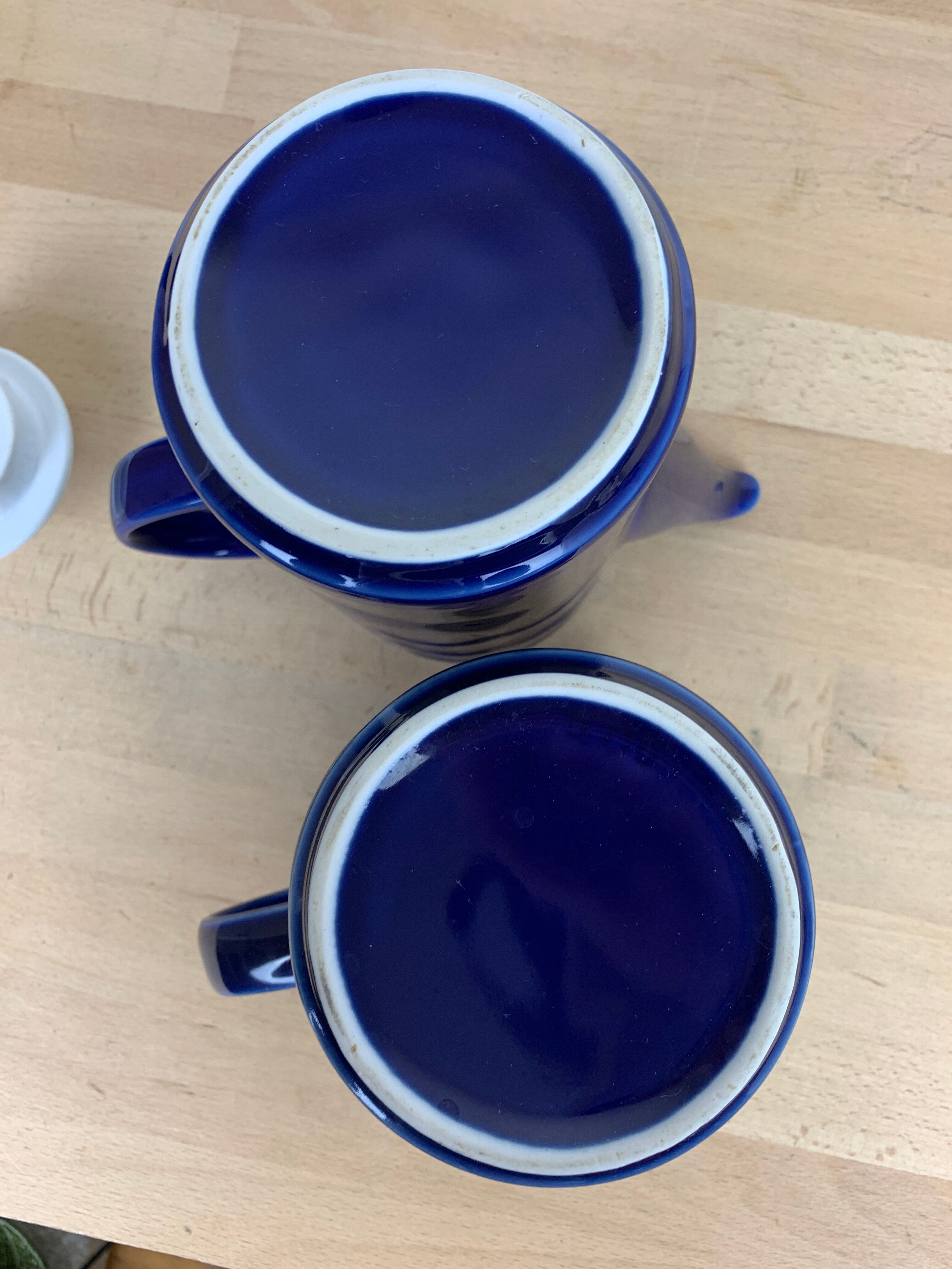 Vintage teapot and pitcher, blue ceramic