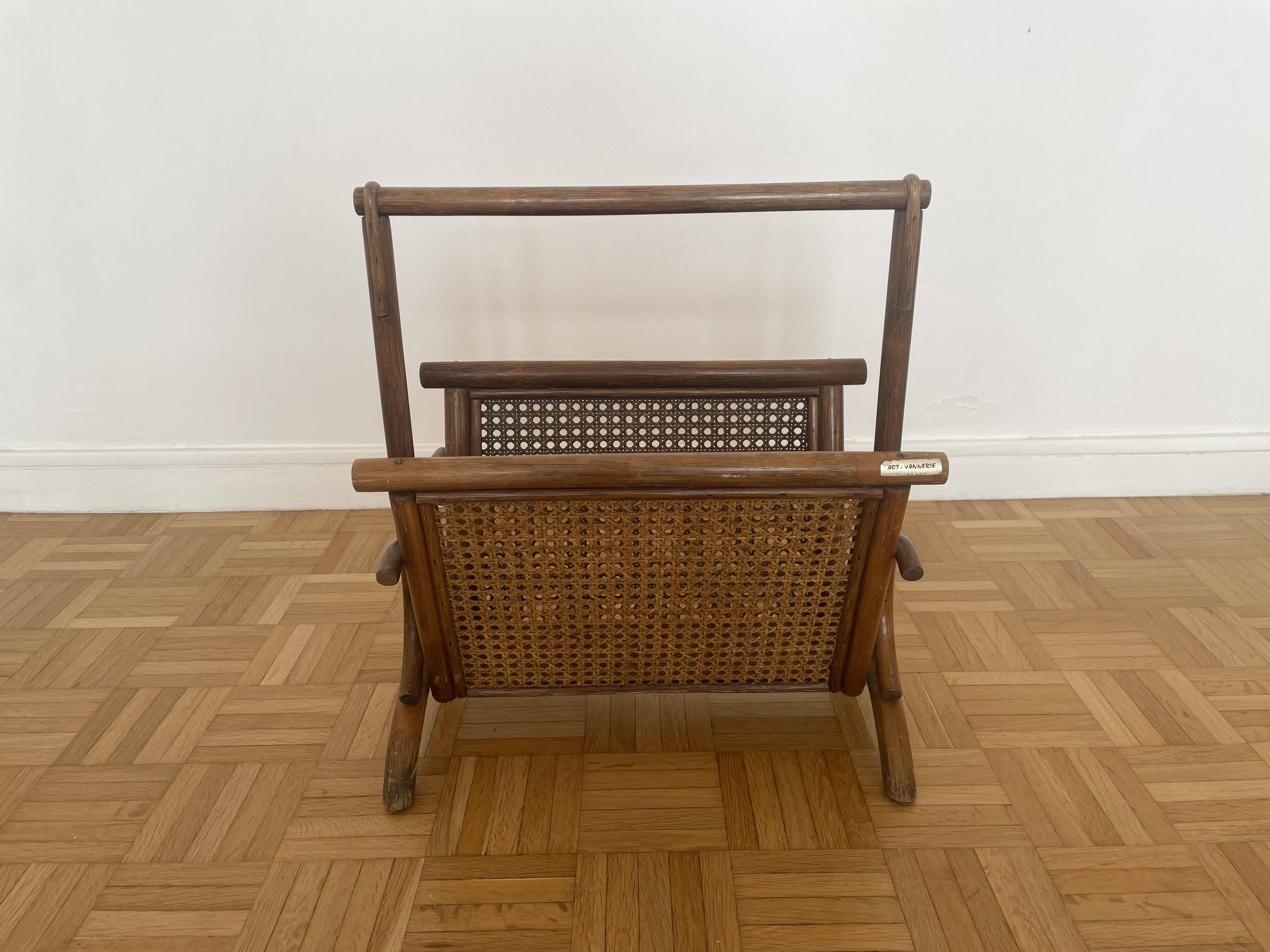 Brown rattan and cane magazine rack