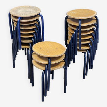 Lot de 19 petits tabourets d'école bois acier bleu