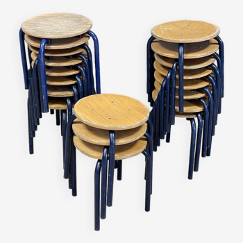 Set of 19 small blue steel wood school stools