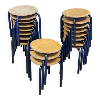 Set of 19 small blue steel wood school stools