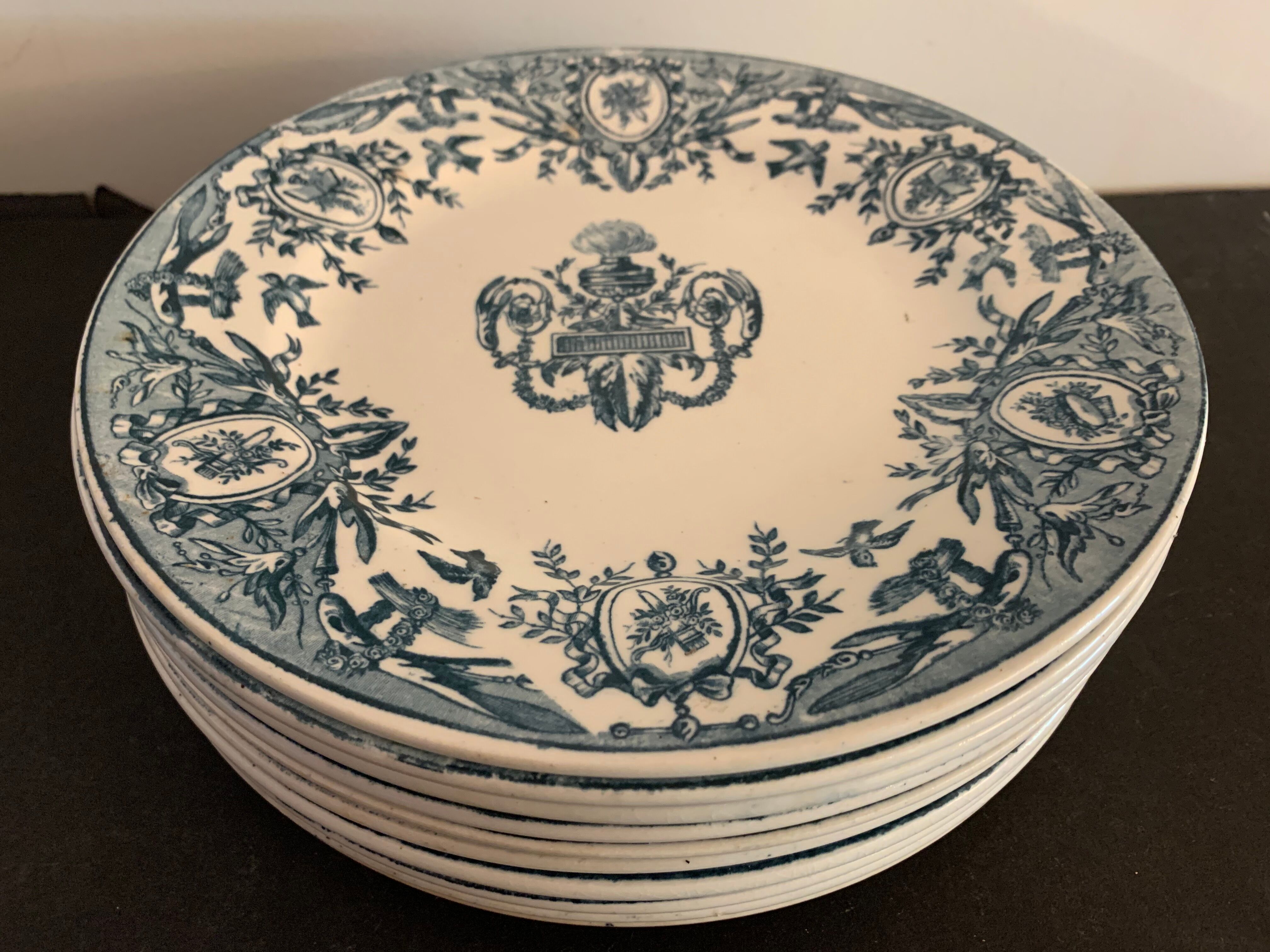 10 old blue flat plates Terre de Fer Léon Graves model Louis XVI, twentieth century