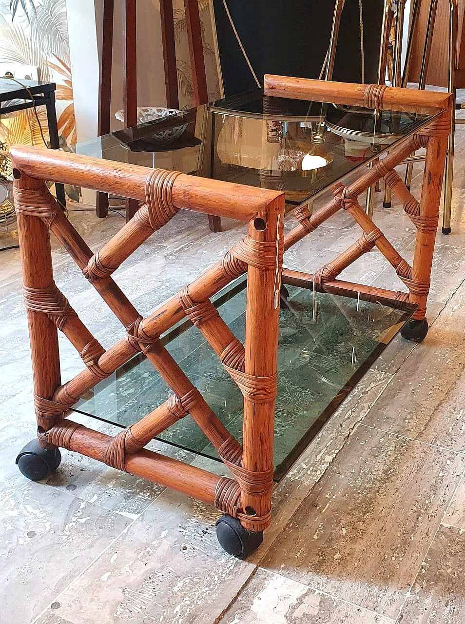 Bamboo coffee table on casters