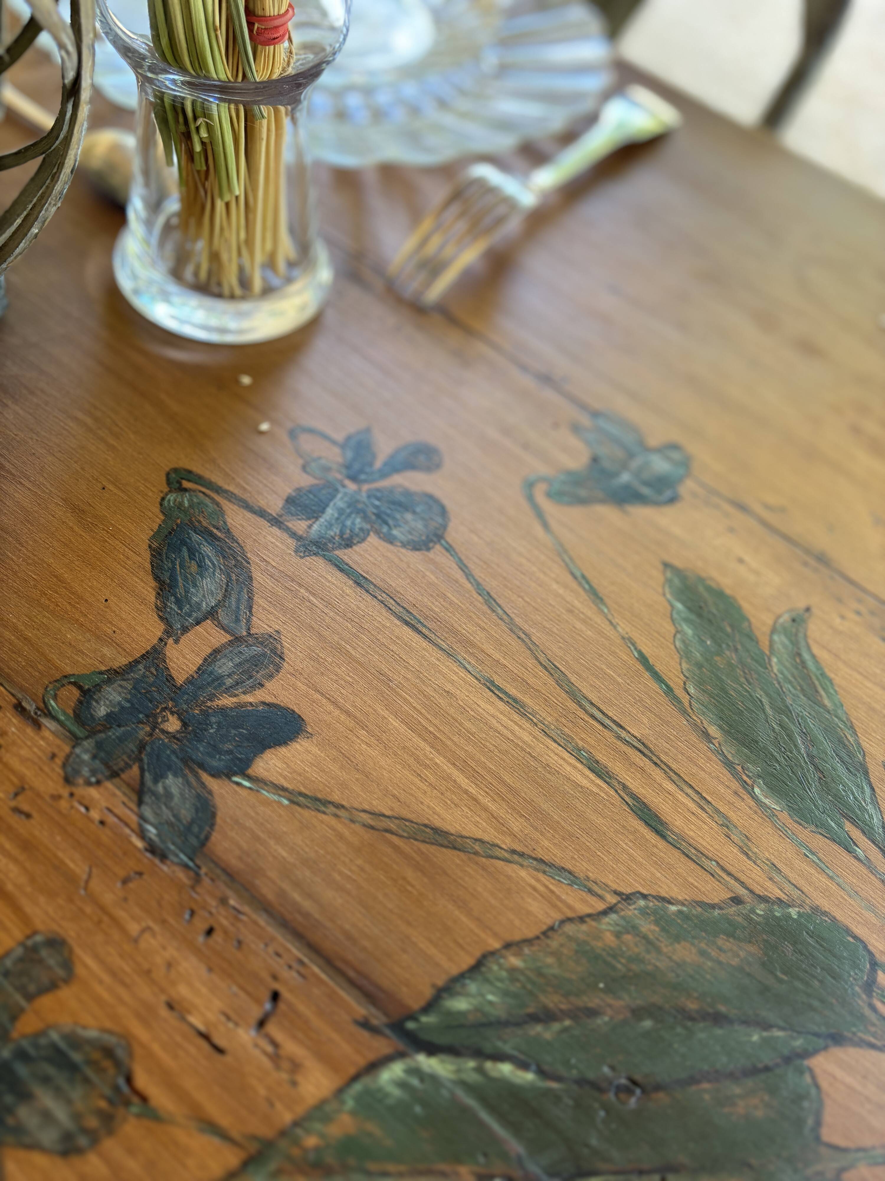 Farmhouse table with turned solid wood legs