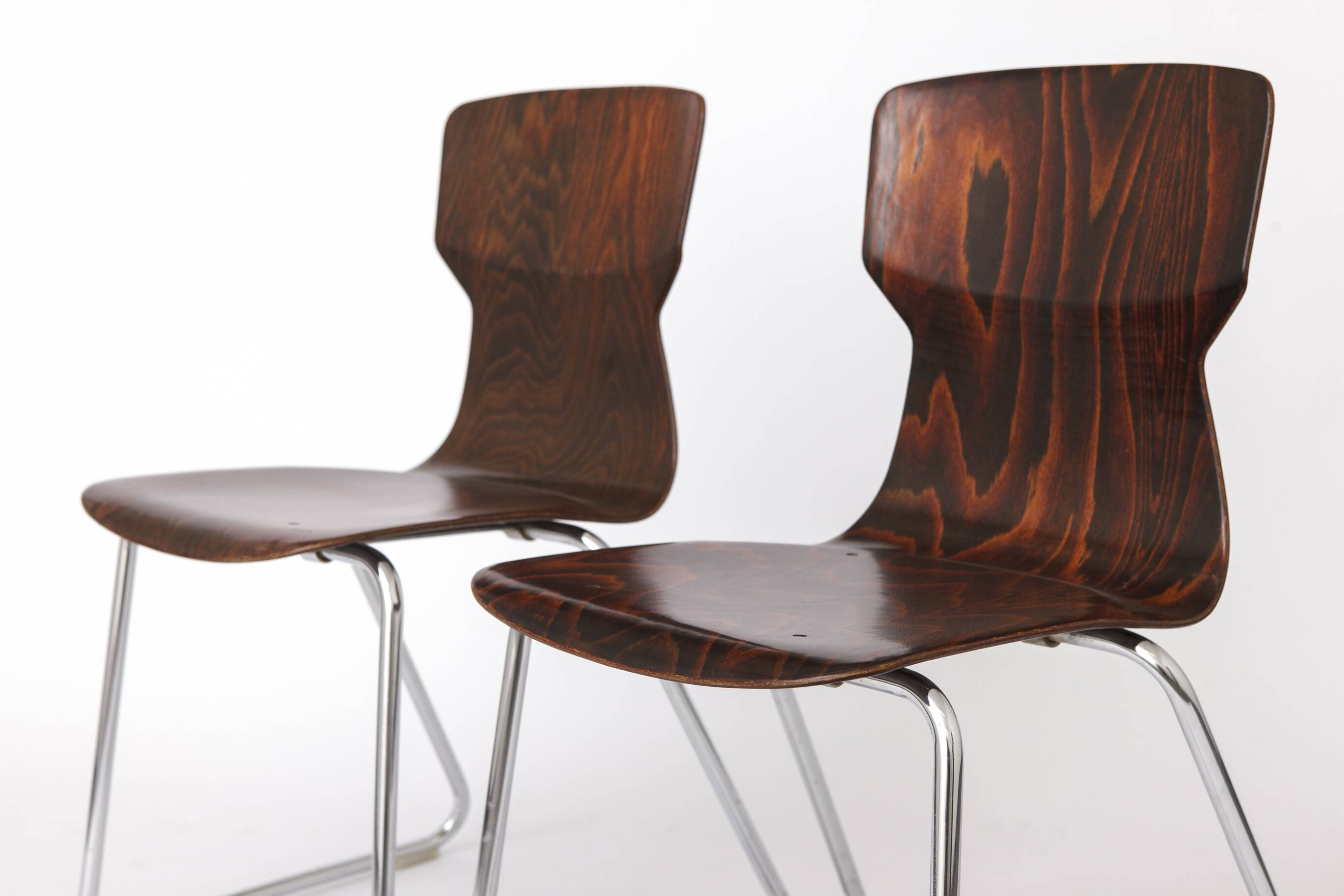 2 of 8 Vintage Casala Stackable Chairs, Germany 1970s, Plywood & Chrome