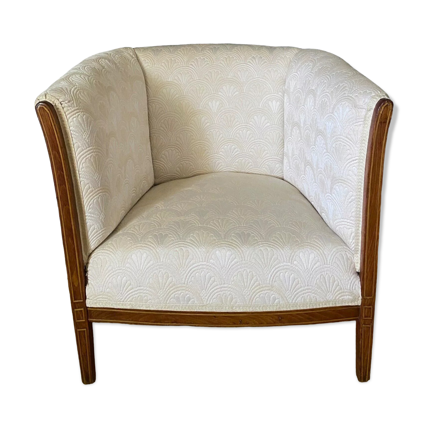 Armchair art deco 1930 marquetry fabric white cream foliage decoration