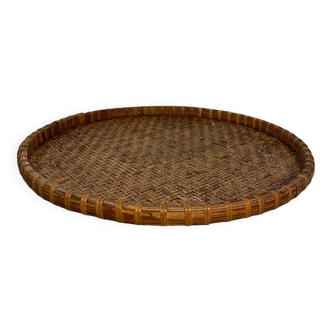 Plateau rond bois et osier tressé