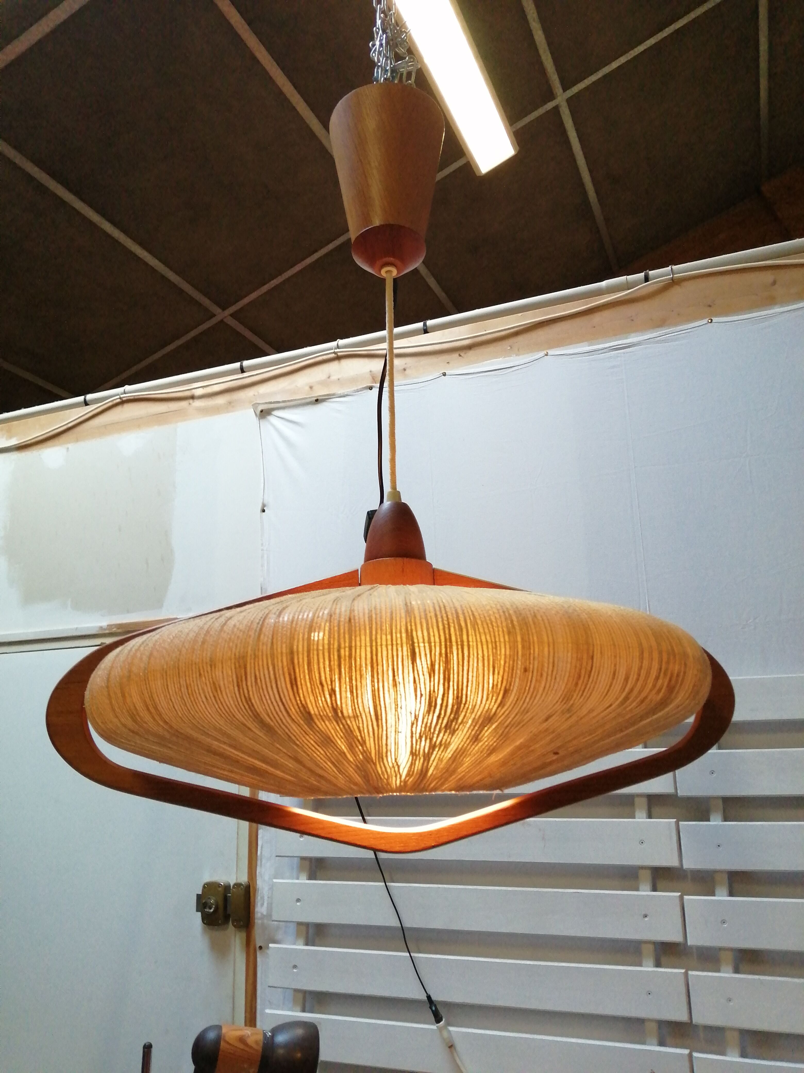 Sisal Ufo pendant lamp and vintage teak by Temde Leuchten