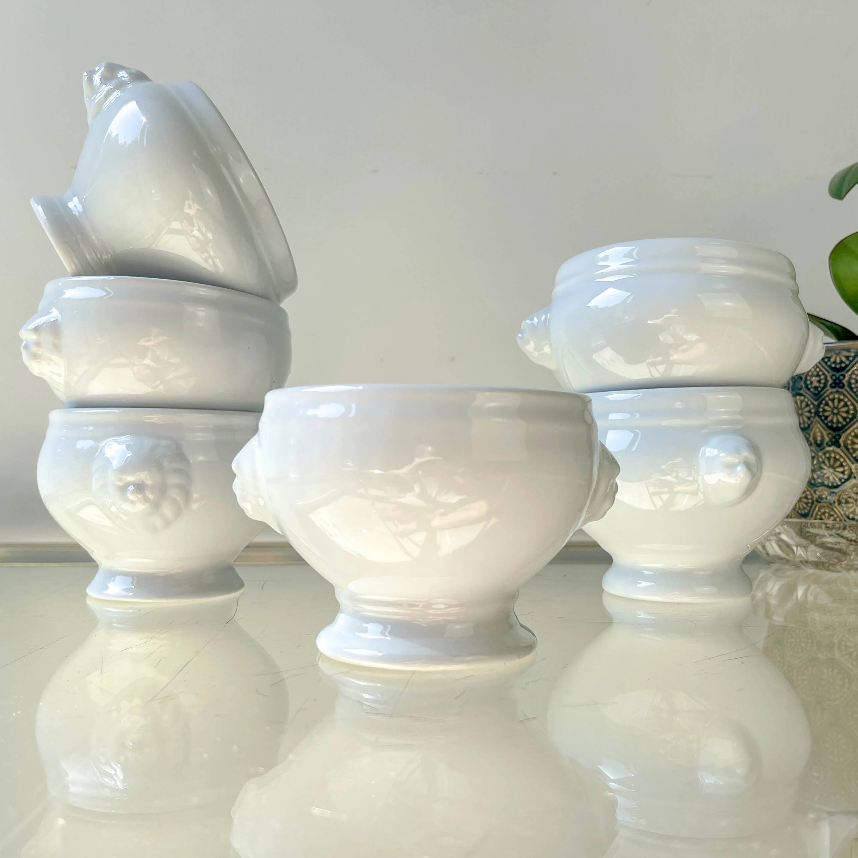 6 mismatched vintage porcelain lion head onion soup bowls - white, made in France