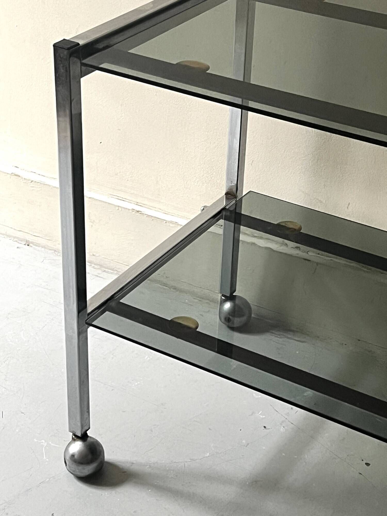 Low hi-fi/TV trolley in chrome and smoked glass, 1970s design