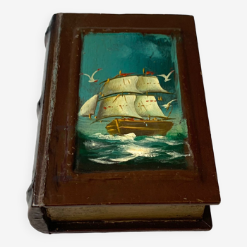 Ancienne boîte forme livre peinture bateau vintage