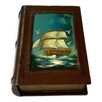 Ancienne boîte forme livre peinture bateau vintage