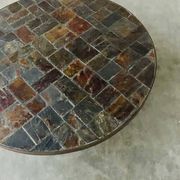 1970s round slate stone mosaic coffee table with sculptural metal base