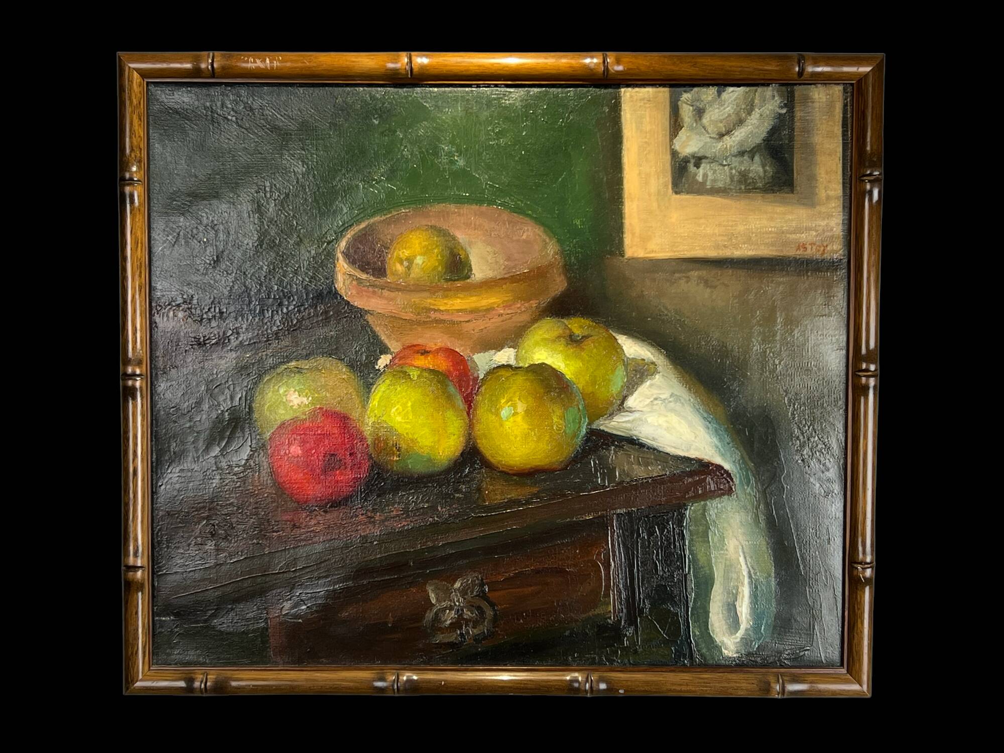 Painting, oil on canvas, still life with apples with bamboo frame