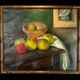 Painting, oil on canvas, still life with apples with bamboo frame