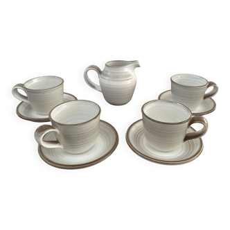 Set of 4 cups and saucers + milk jug - Stoneware - Salins-France - 70s