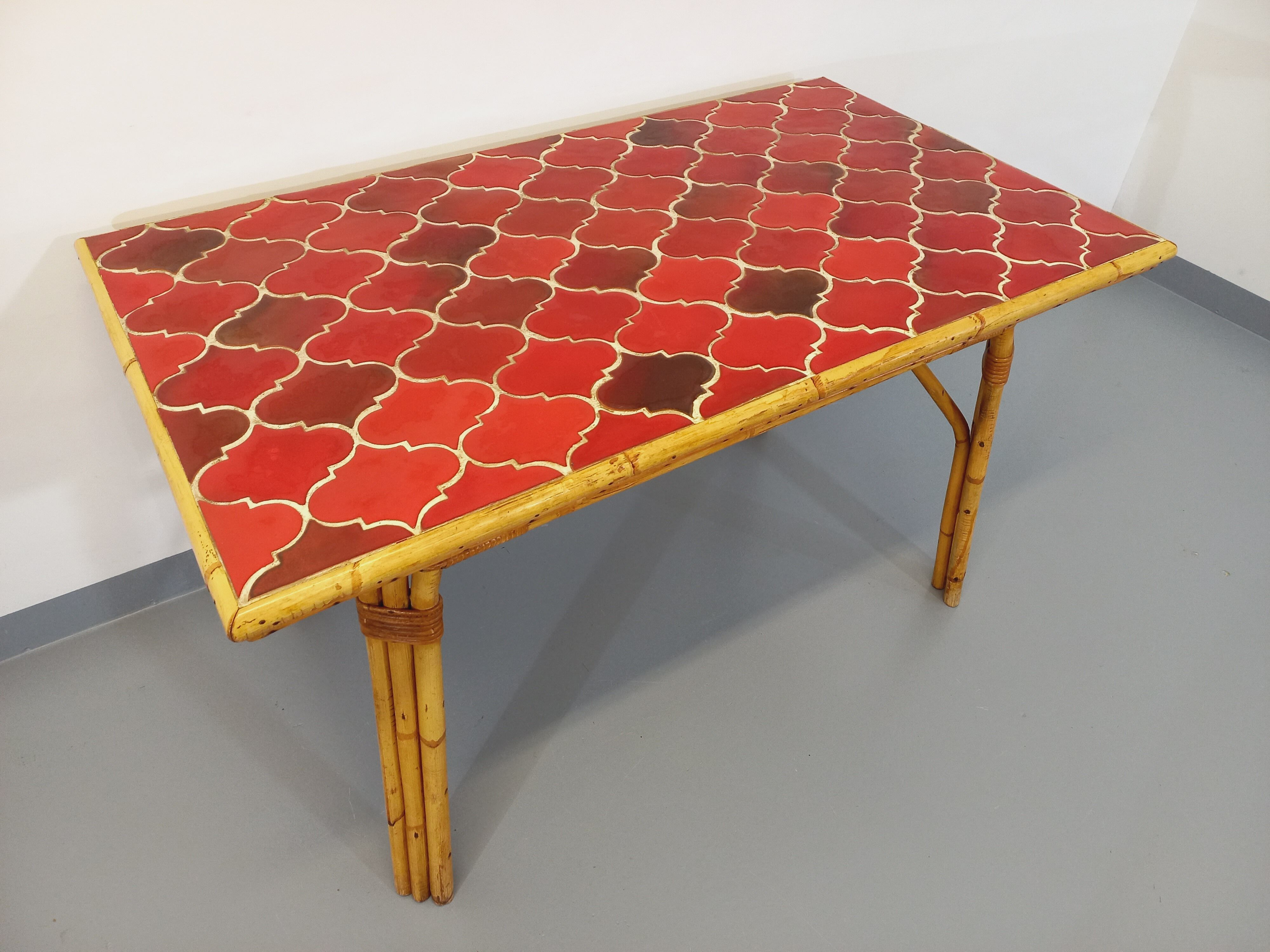 Vintage dining table in rattan and ceramic from Vallauris from the 50s and 60s