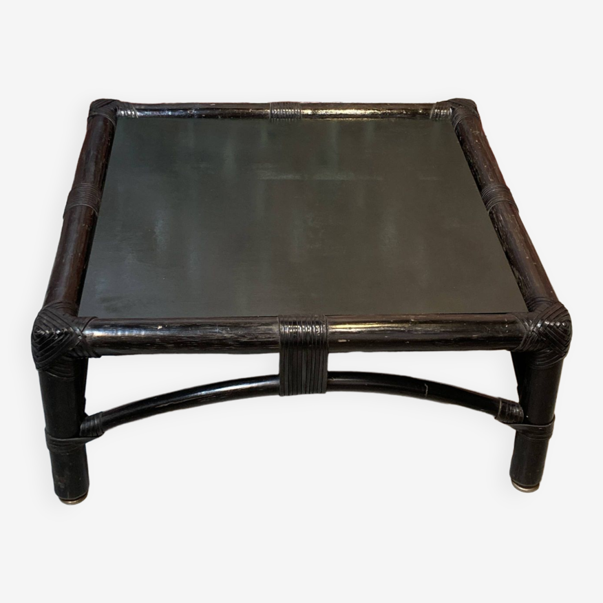 Bamboo coffee table, the top is painted green with black edges | Selency