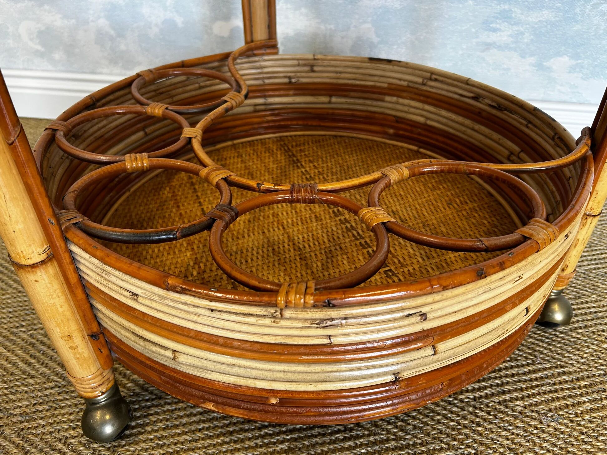 2-tiered round bamboo bar cart in the style of Vivai del Sud, Italy, 1960s