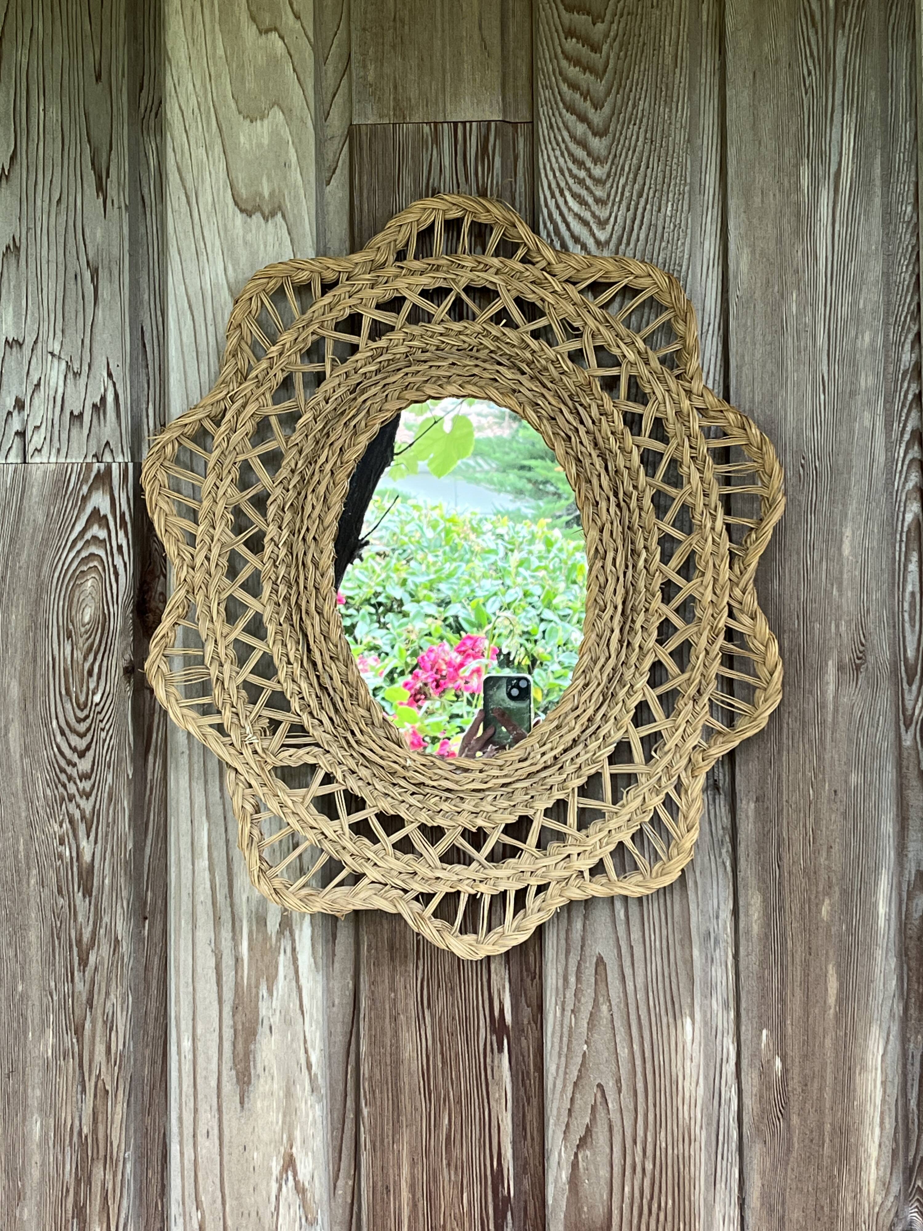 Large braided rattan mirror 1960