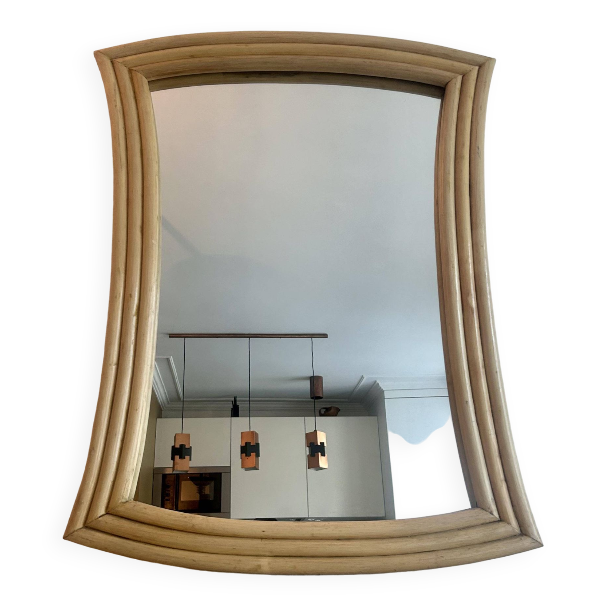 Vintage flared mirror, rattan, France 1970