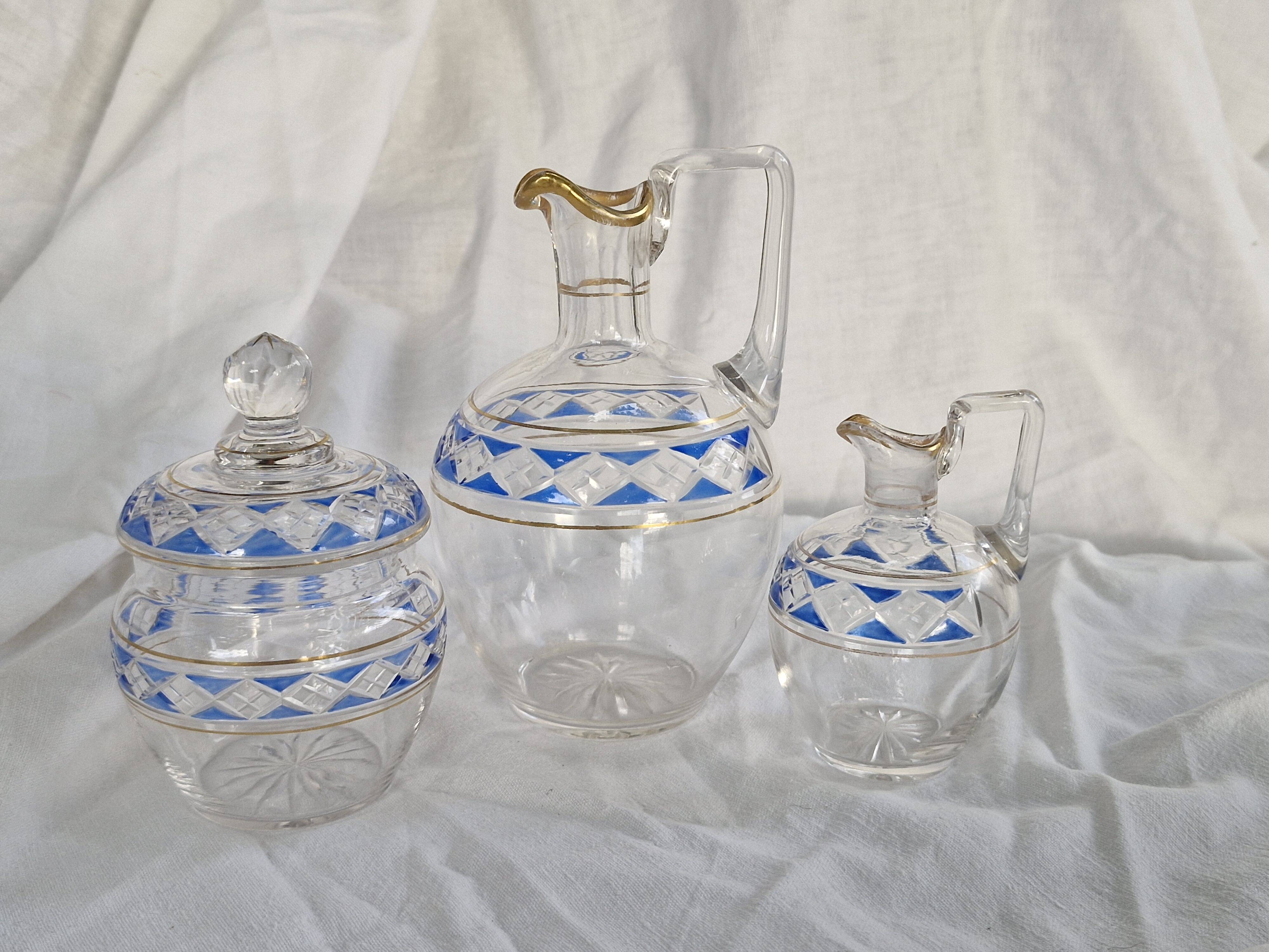 3 Antique Pieces Cut Crystal, Enameled - Early 20th Century