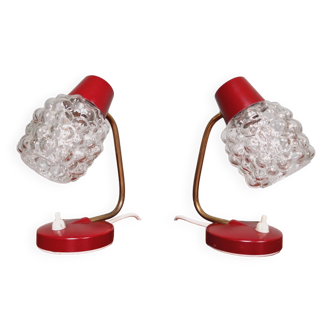 Pair of bedside lamps in brass and red lacquered metal, 1960s