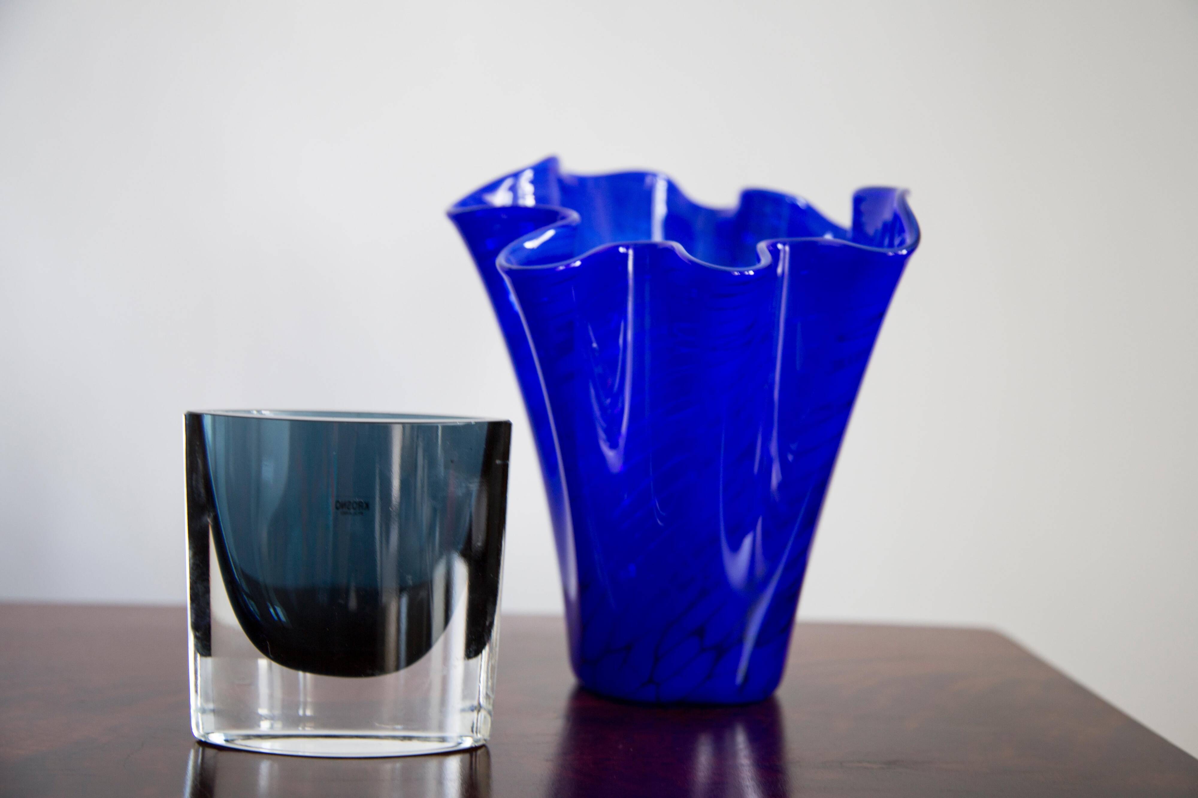 Small artistic blue vintage glass vase from the mid-century, Europe, 1970s.
