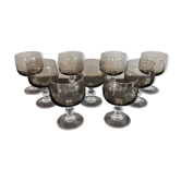9 white wine glasses on vintage Luminarc smoked black stem