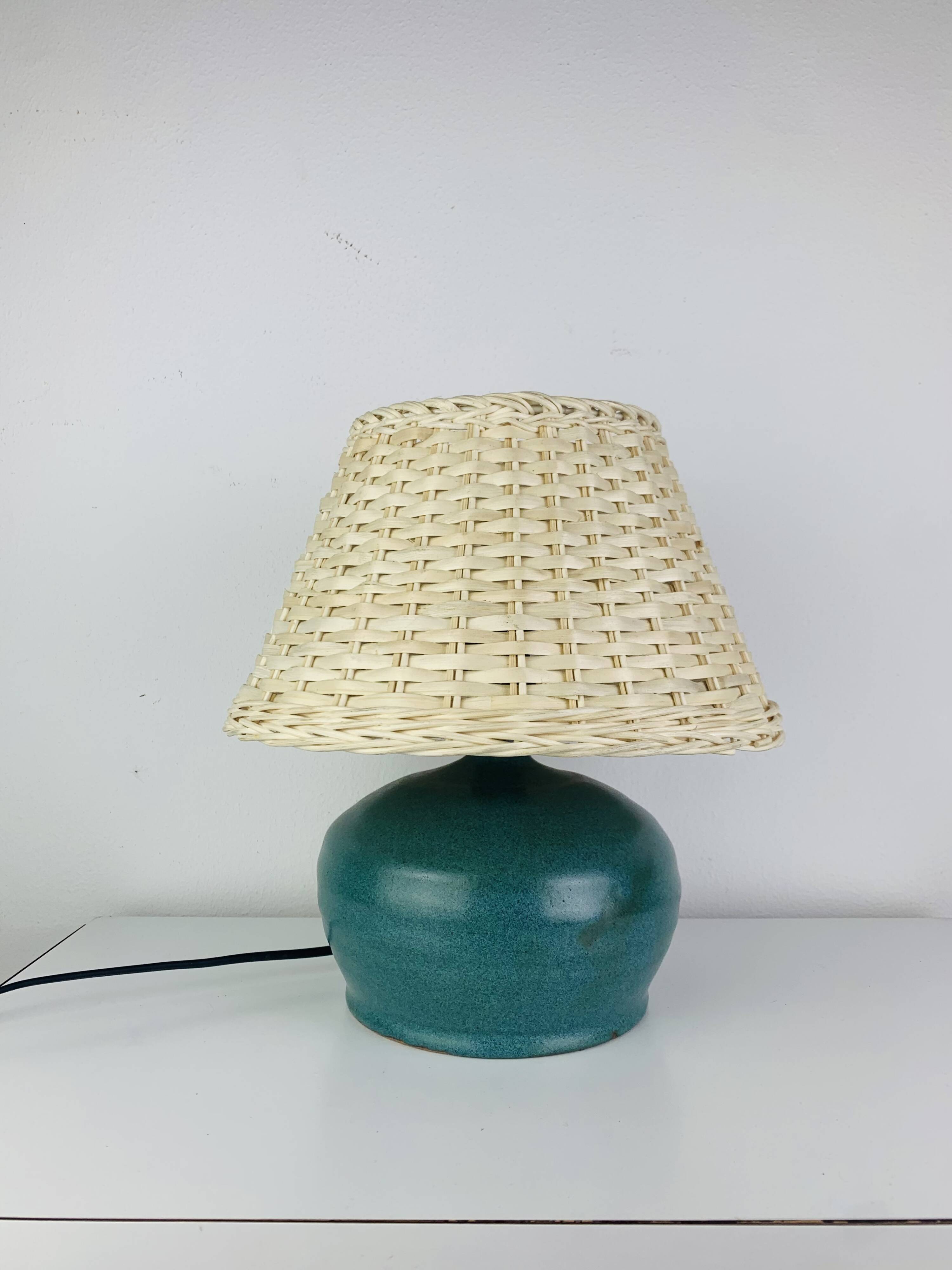 Ceramic green/blue globe lamp, rattan shade, vintage