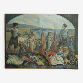Peinture représentant un retour de pêche, années 1930.