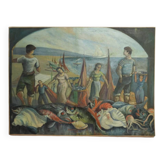 Peinture représentant un retour de pêche, années 1930.