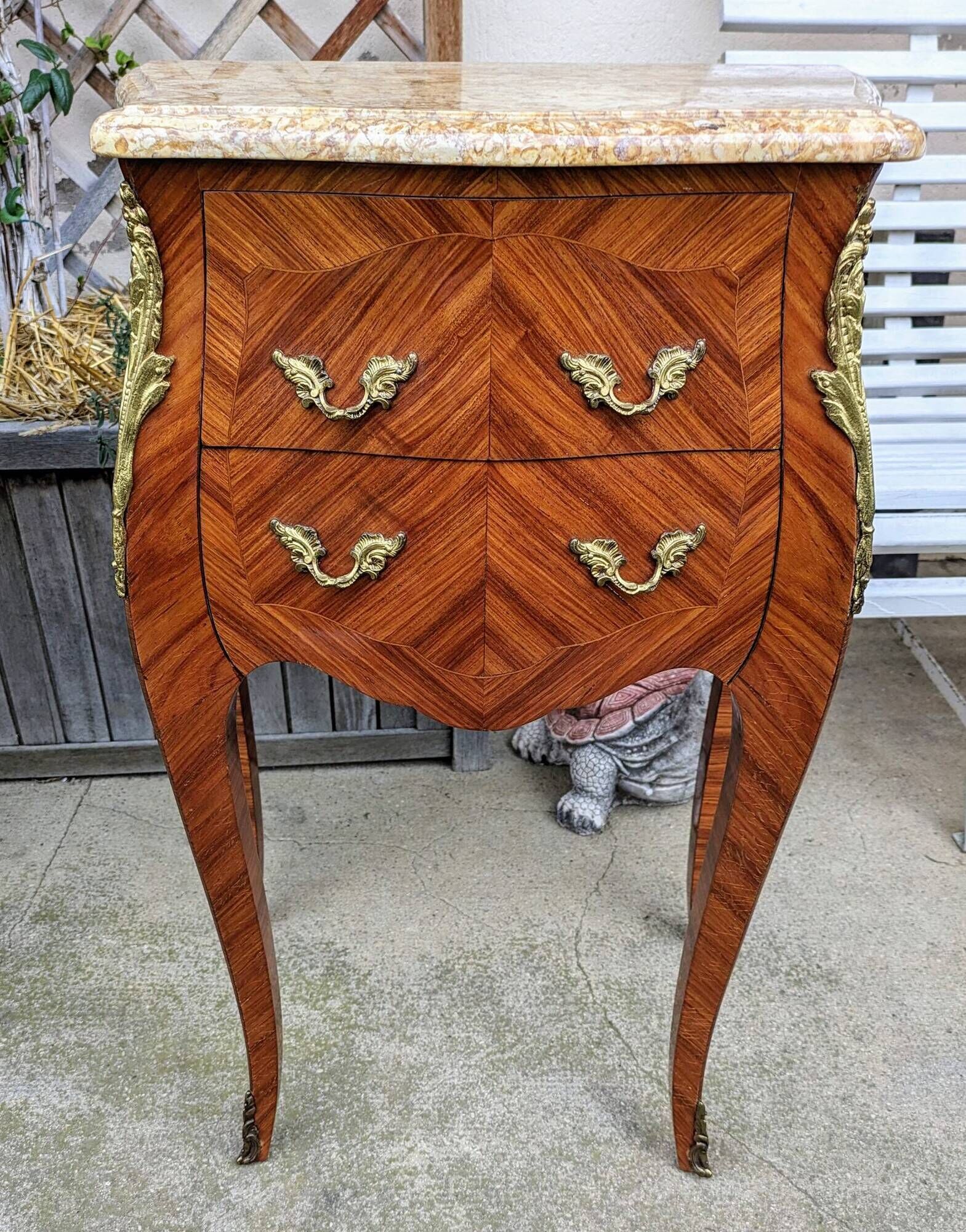 Curved chest of drawers with 2 drawers in rosewood, marble and bronze marquetry, Louis XV style