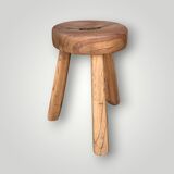 Antique brutalist tripod stool in solid wood