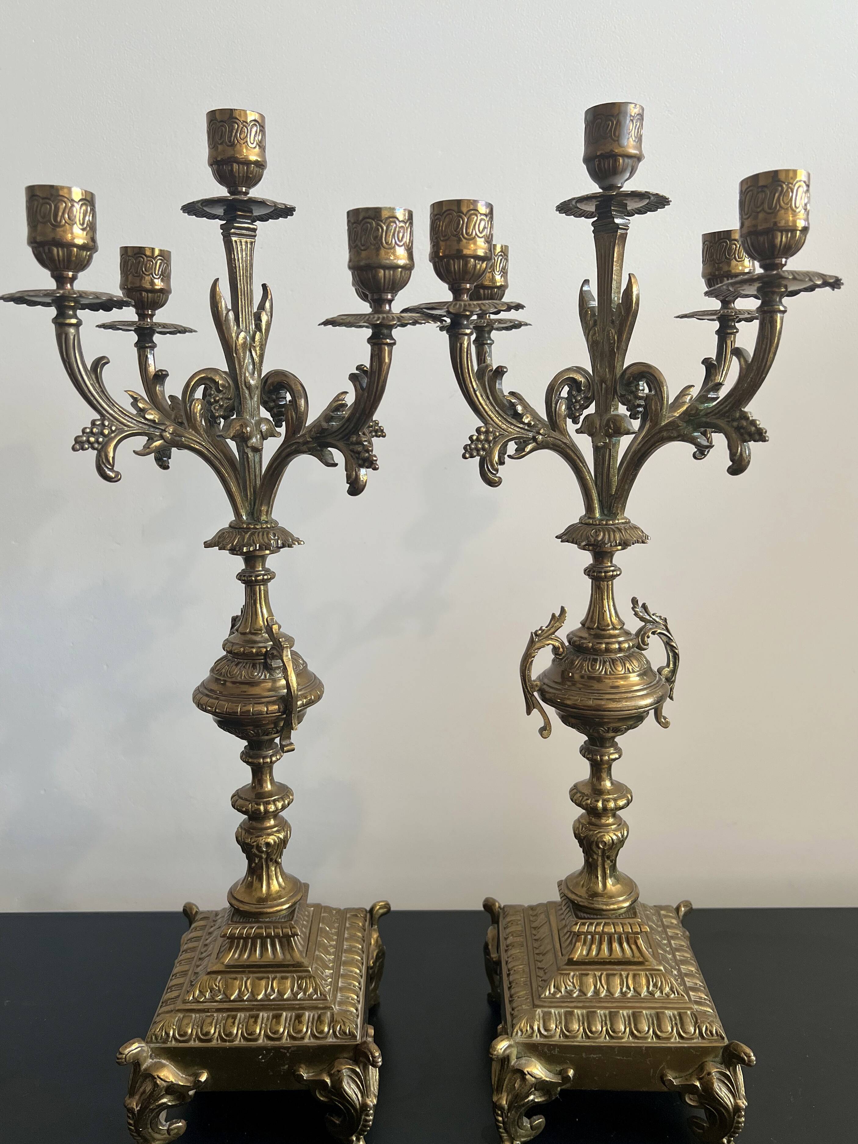 Pair of five-light gilded bronze candelabras, Napoleon III, 19th century.