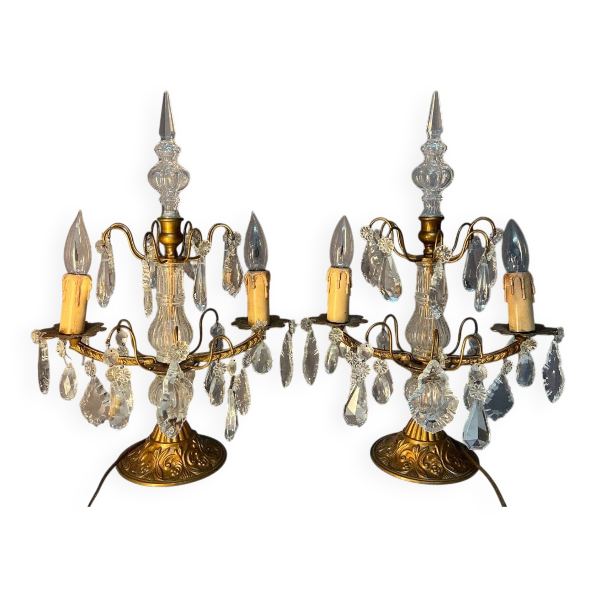 Pair of antique chandeliers, in brass with cut glass pendants, early 20th century