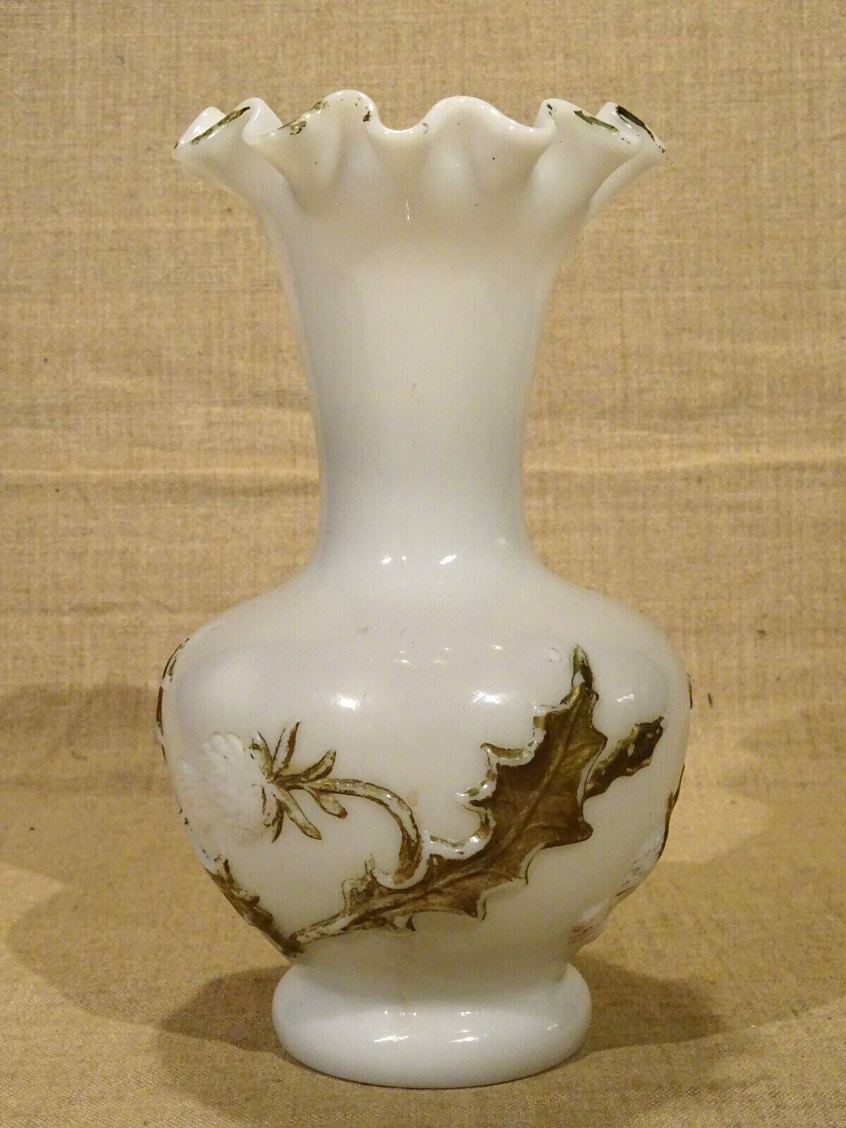 Old white opaline vase decorated with thistles in painted relief 23.6 cm high