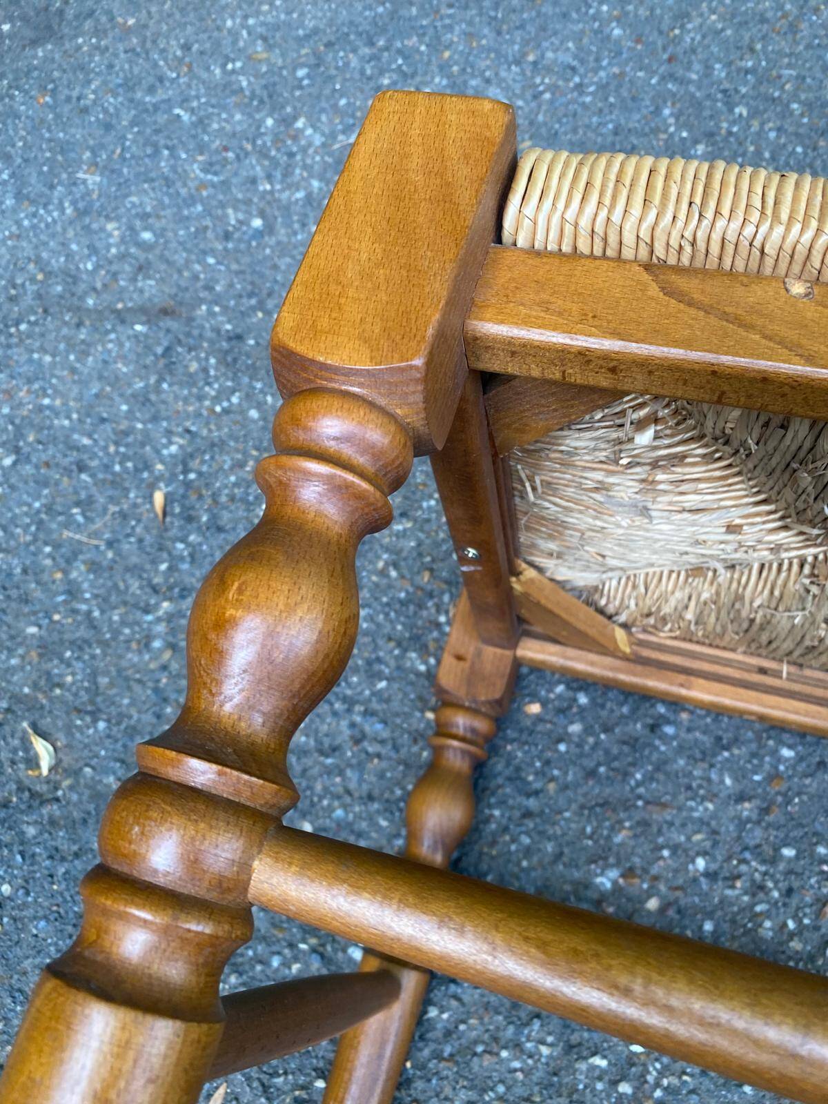 2 square stools made of carved solid wood with rush seats from the 1970s.