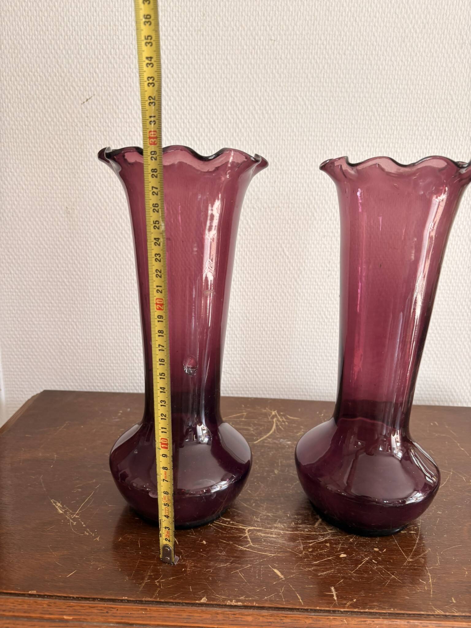 Pair of Trumpet Shaped Soliflore Vases, Purple, Mid Century, Italy, Empoli