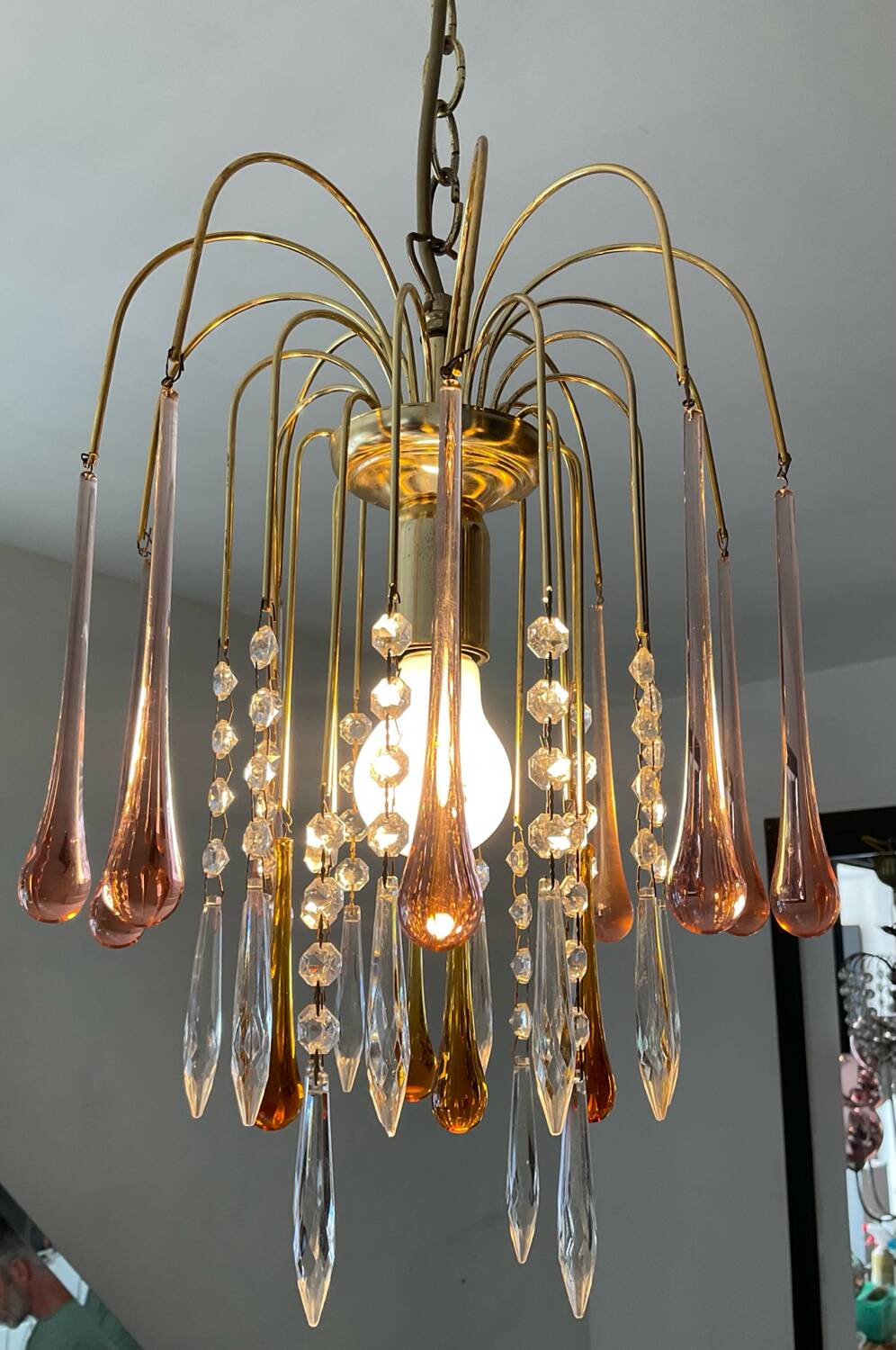 Vintage brass chandelier with glass drop pendants