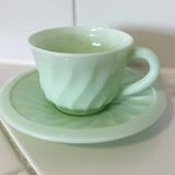 Mint Green Opaline Teacup and Saucer with Swirl Motif, Made in France
