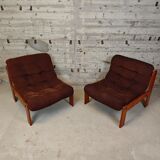 Pair of armchairs in pine and velvet