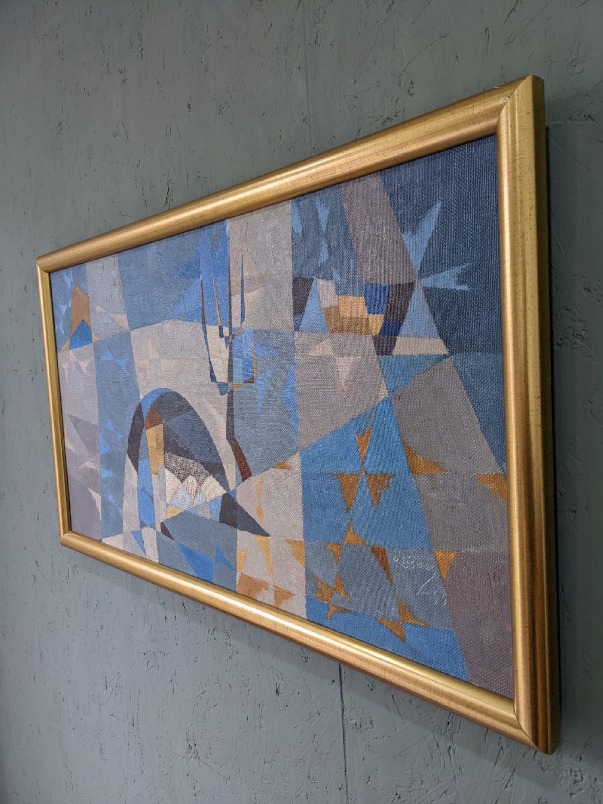 1955 mid-century modern swedish "sea bridge" vintage abstract oil painting, framed