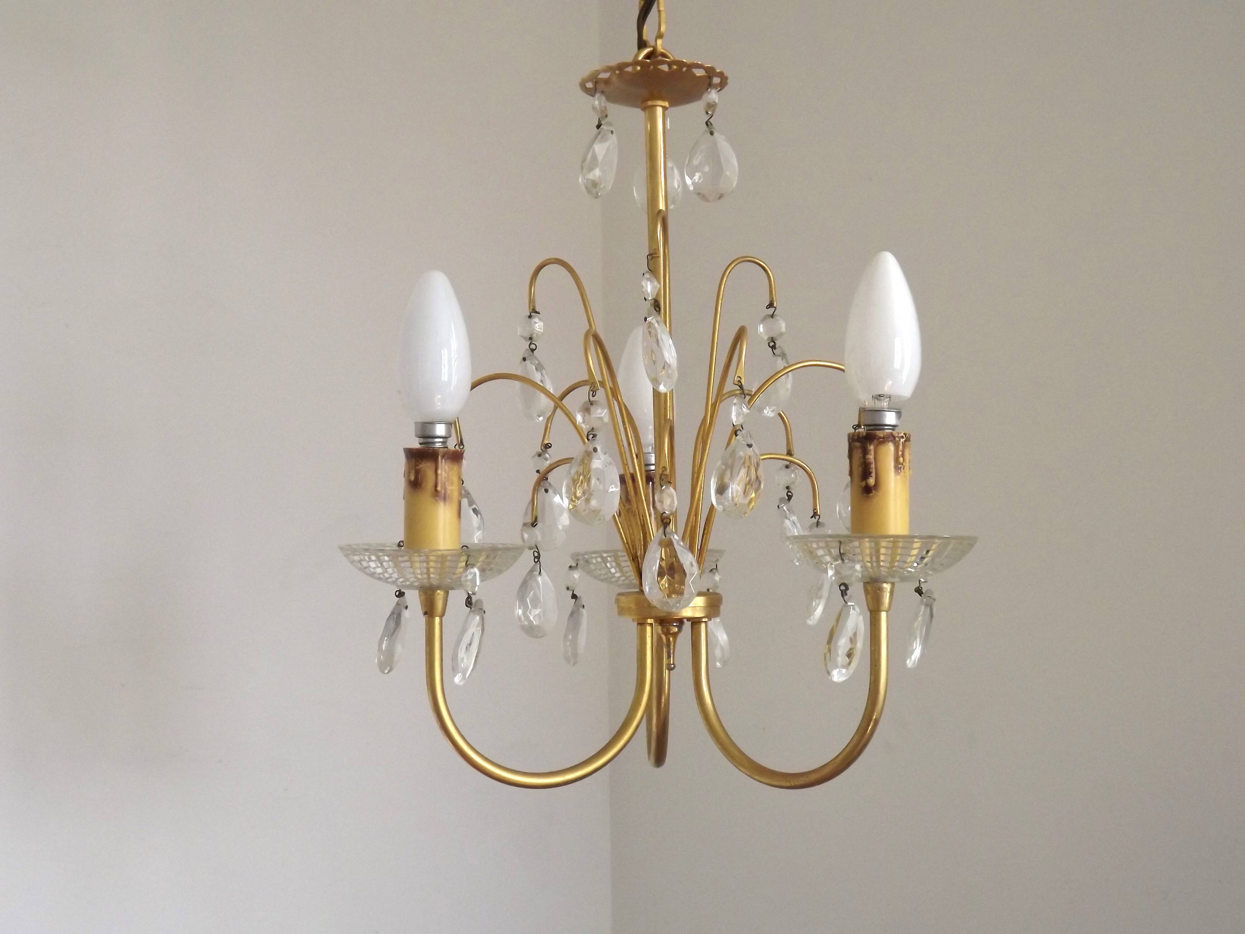 French Vintage Gold Effect Metal-Crystal 3 Light Chandelier Glass Bobeches