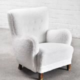 Fauteuil modèle 1669 en laine blanche,  Fritz Hansen, Danemark années 1940