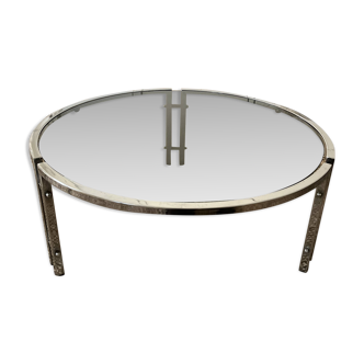 Table basse ronde en métal et verre fumé