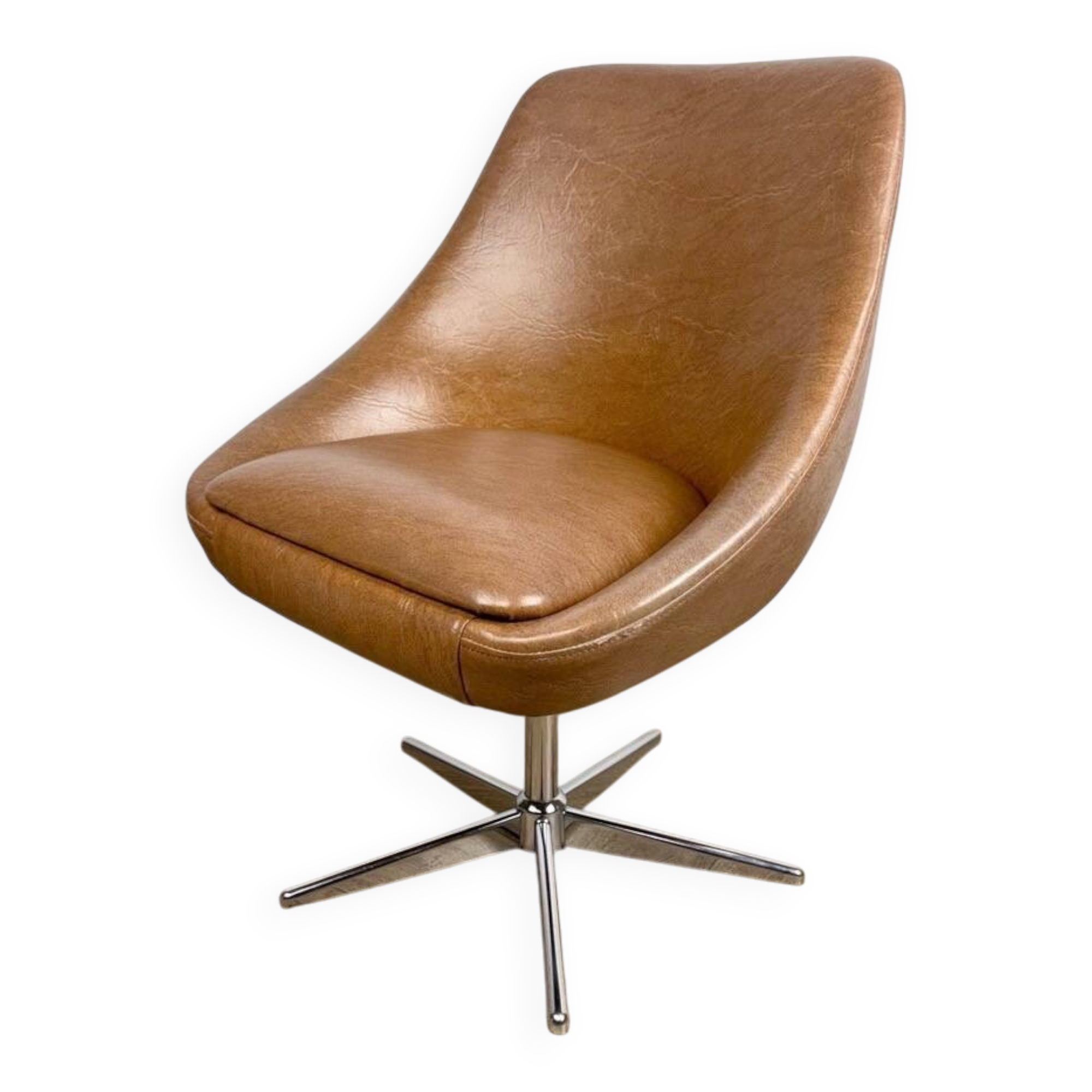 1970s swivel chair with faux leather shell and chrome.